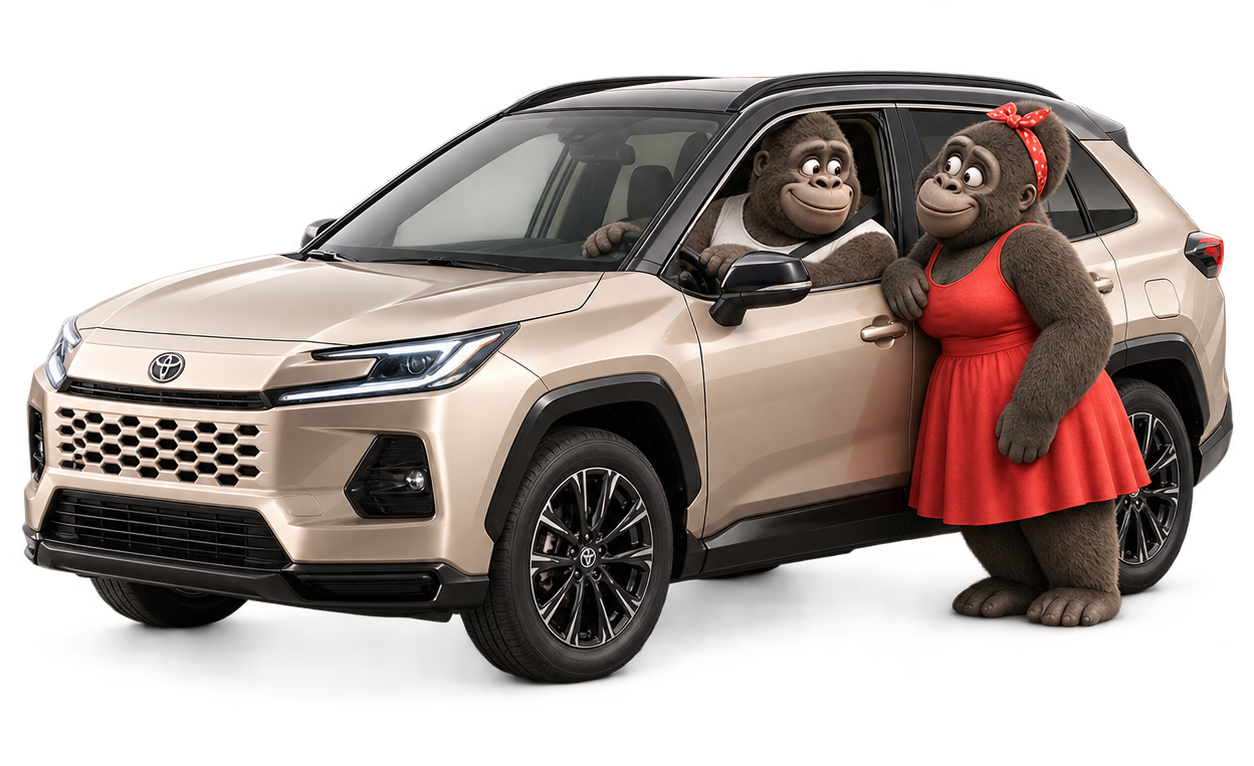 Gorilí rodiče u zlatého SUV Toyota, jeden sedí za volantem